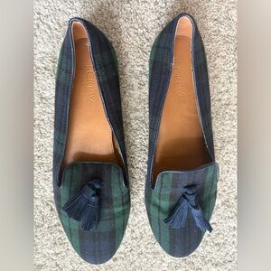 J. Crew Women's Navy Blue and Green Plaid Tassel Loafers